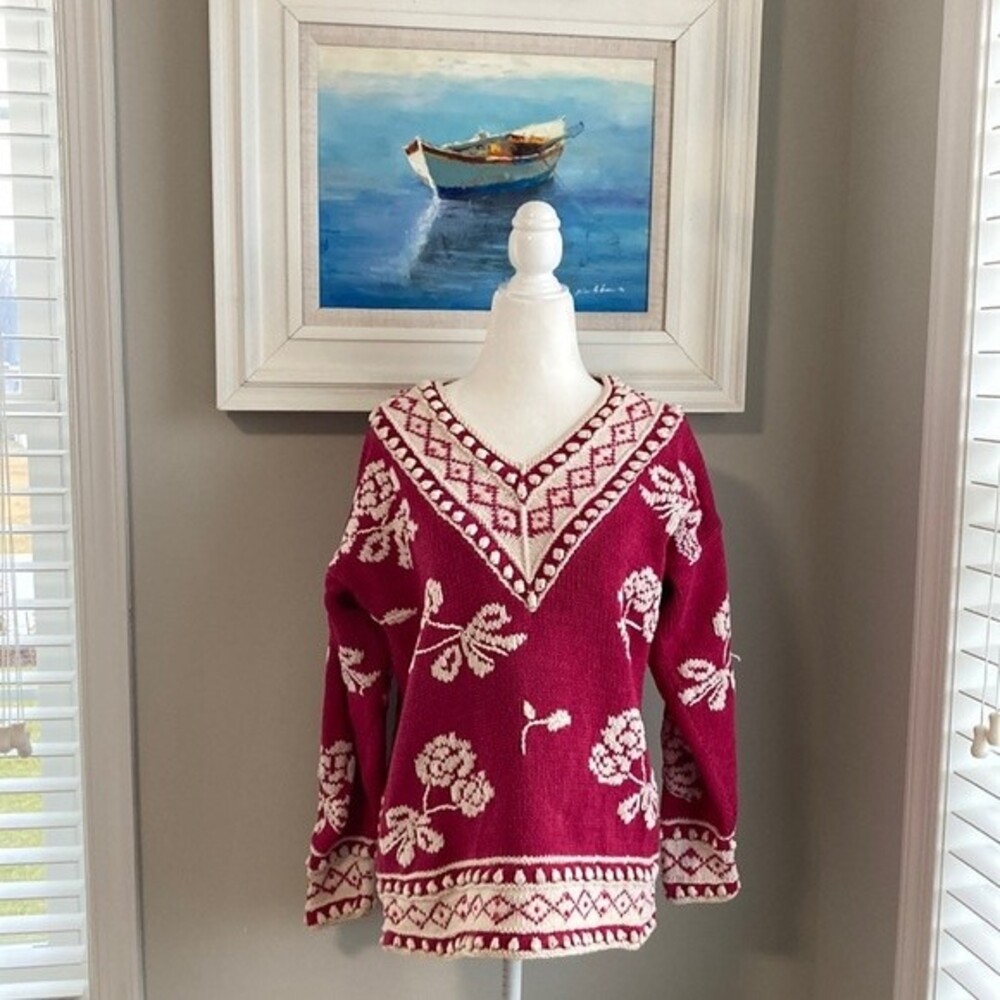 Vintage Cie International Magenta Pink Beaded Floral Hand-Knitted Sweater XS